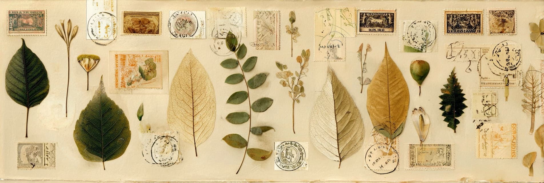 Herbario de archivo con hojas prensadas, semillas y sellos sobre papel crema