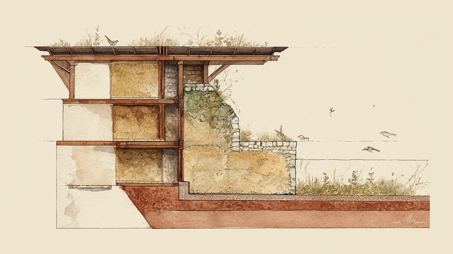 Construction section of a natural wall with straw, timber frame and clay render, in a lithograph style