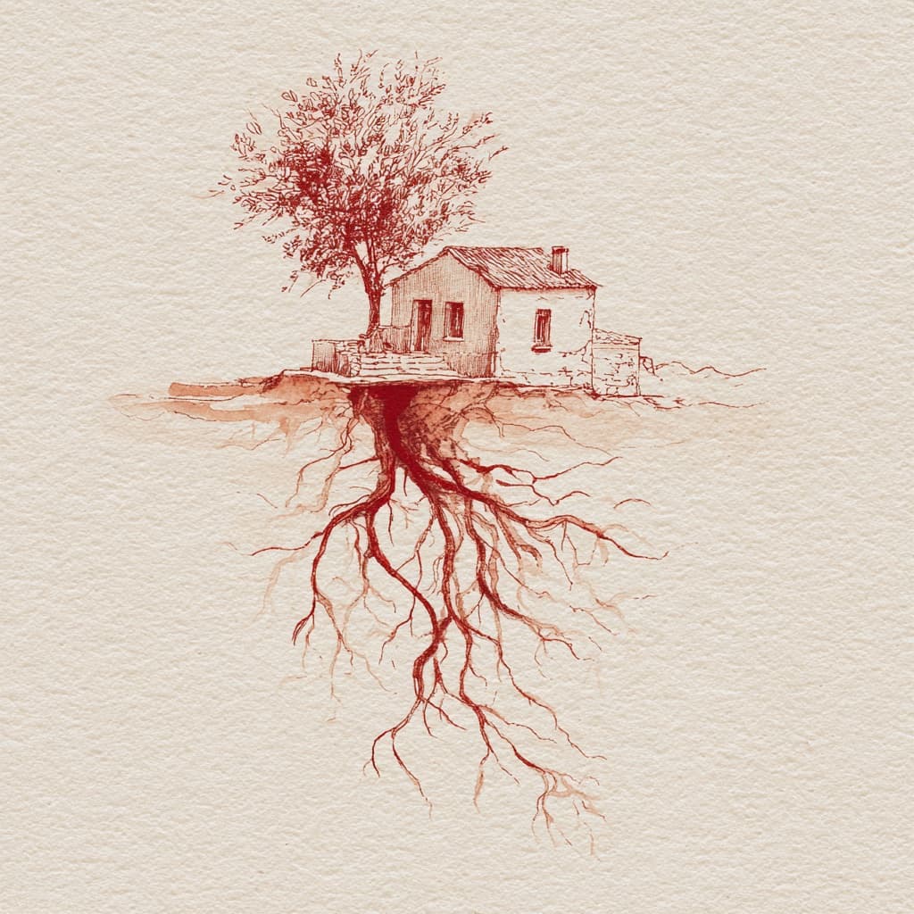 Ink illustration of a house with roots growing beneath its foundations