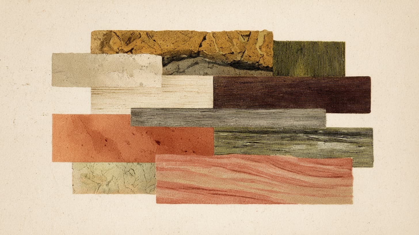 Collage de texturas de materiales naturales: corcho, paja, tierra, madera y cal
