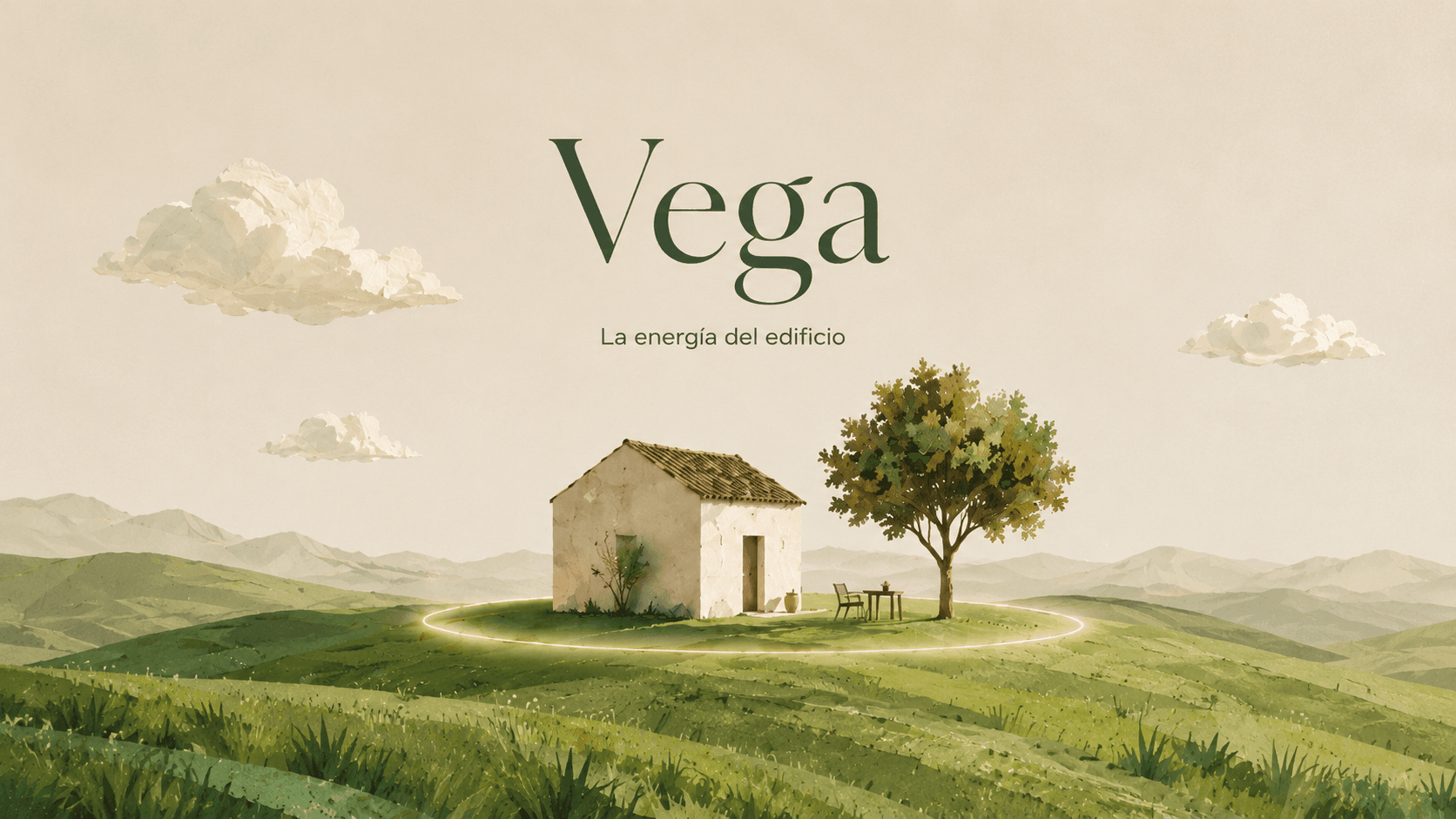 Vega — una casa de campo con un árbol sobre una vega verde, bajo un cielo amplio