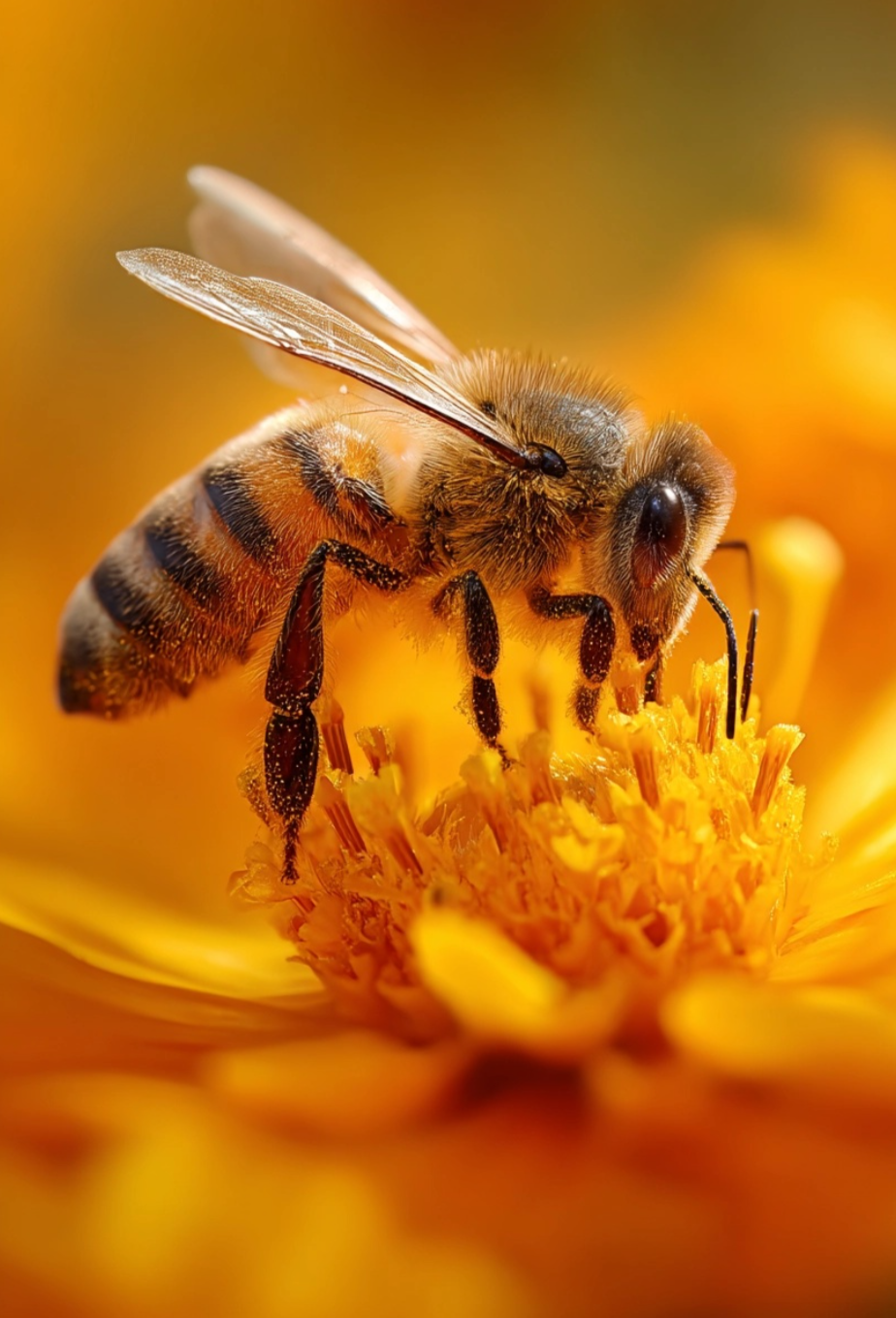 Abeja polinizando una flor, simbolizando la sostenibilidad y el equilibrio natural en la construcción