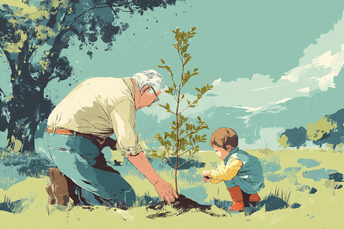 Hombre mayor ayudando a un niño a plantar un árbol, simbolizando la transmisión de valores sostenibles entre generaciones